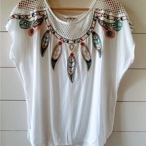 Embroidered White Top with Multicolor Western Accents
